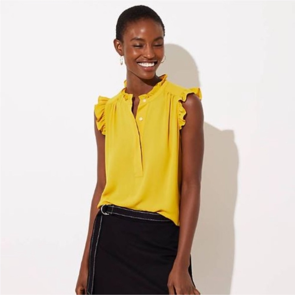 Ann Taylor Mixed Media Ruffle Button Shell desert yellow business blouse